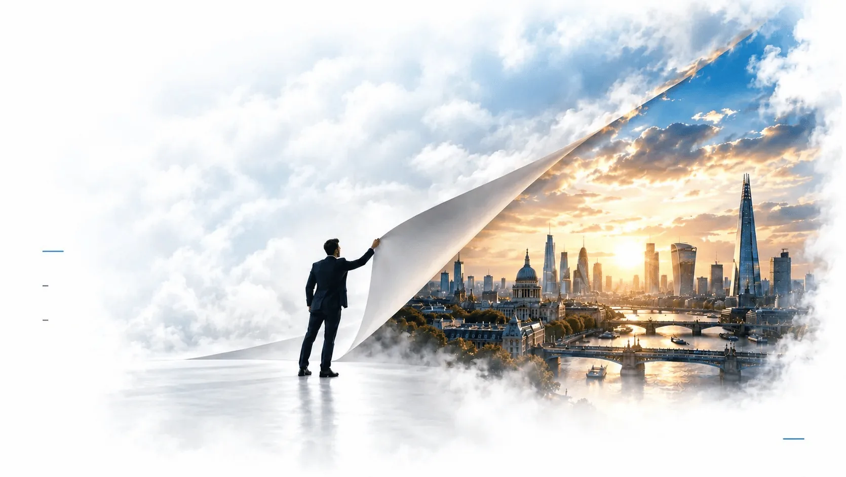 A man peels back a white surface of clouds to reveal the London skyline at sunrise — demand that already exists.