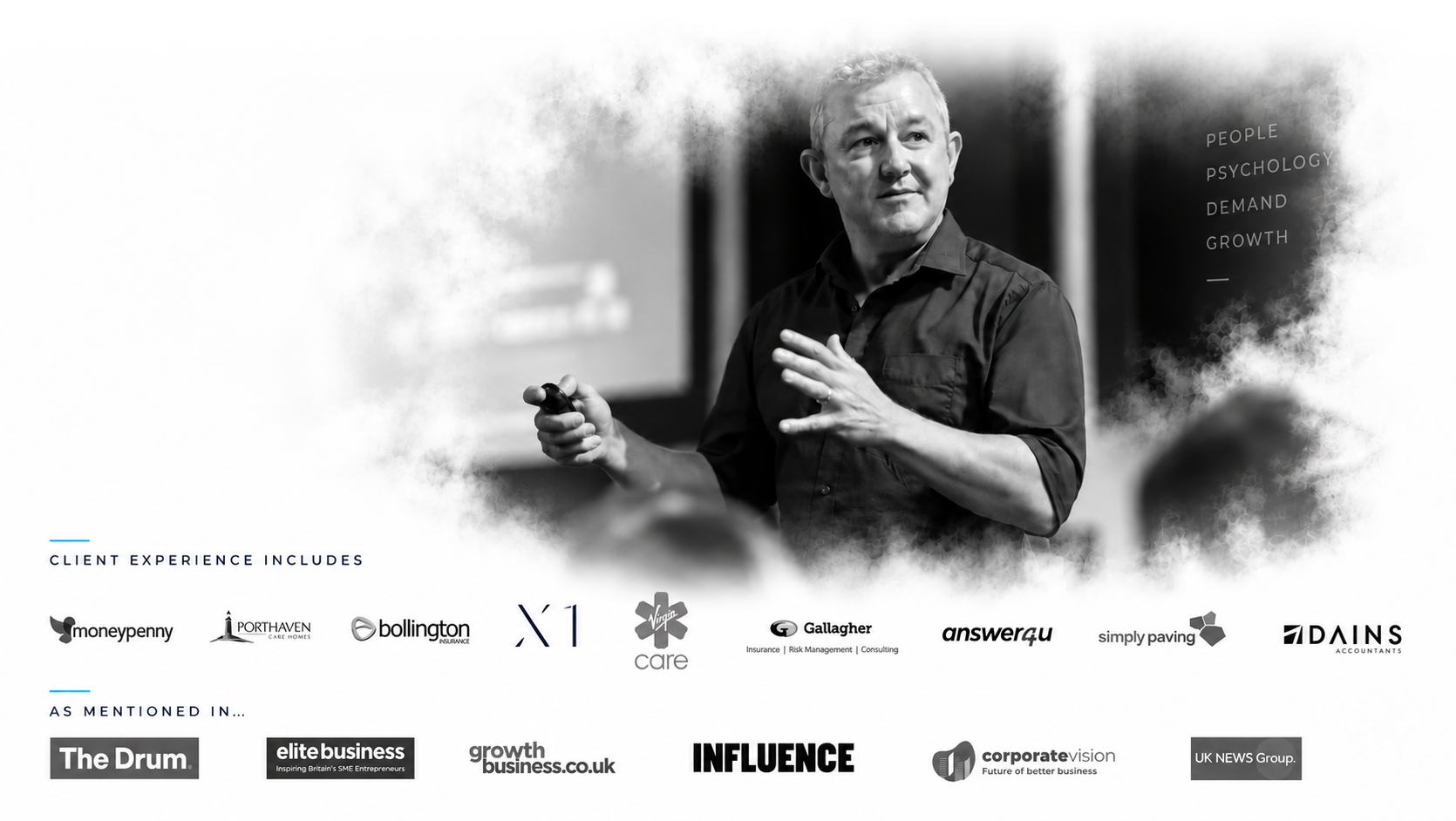 Gez McGuire, founder of Demand Architecture, speaking on stage, with client and media logos beneath.