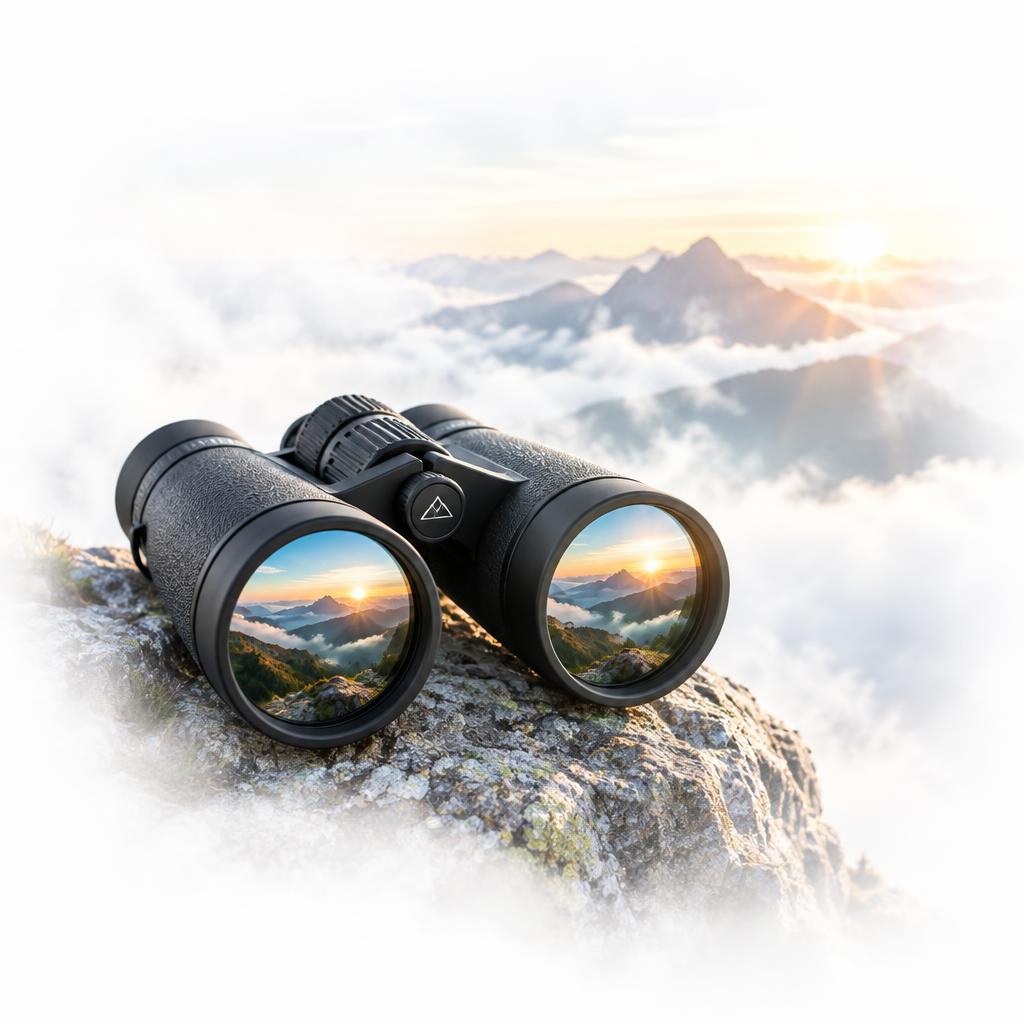 Binoculars on a mountain ledge above the clouds.