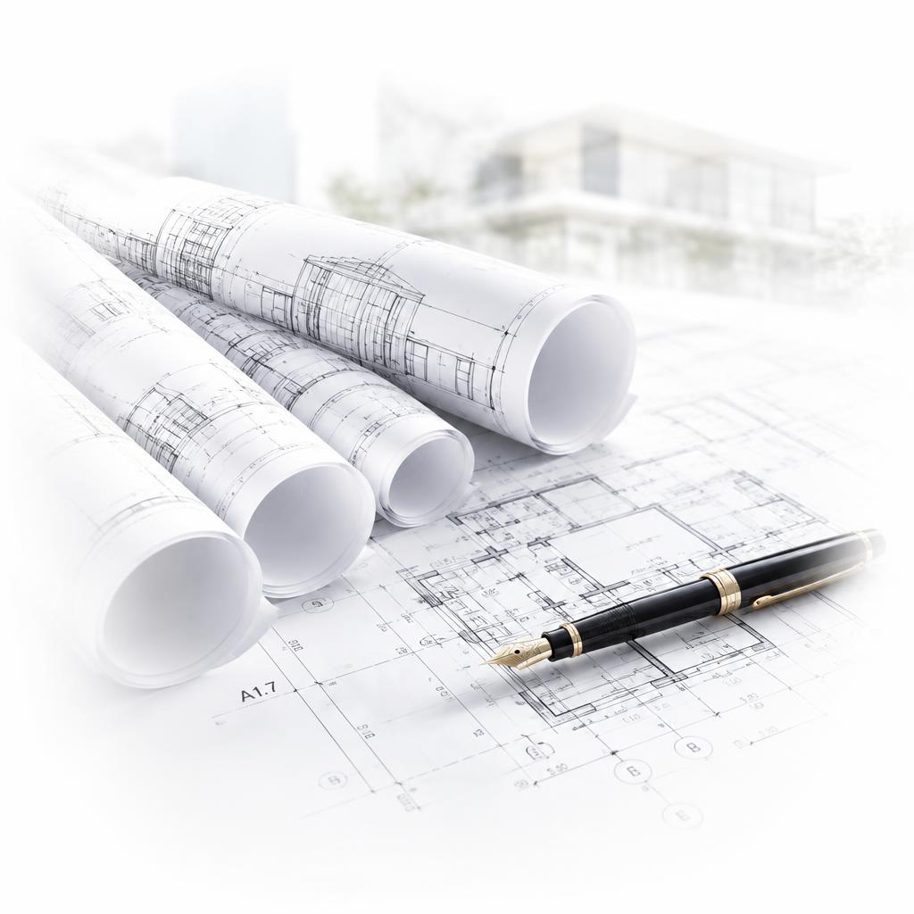 Architectural plans and a fountain pen.