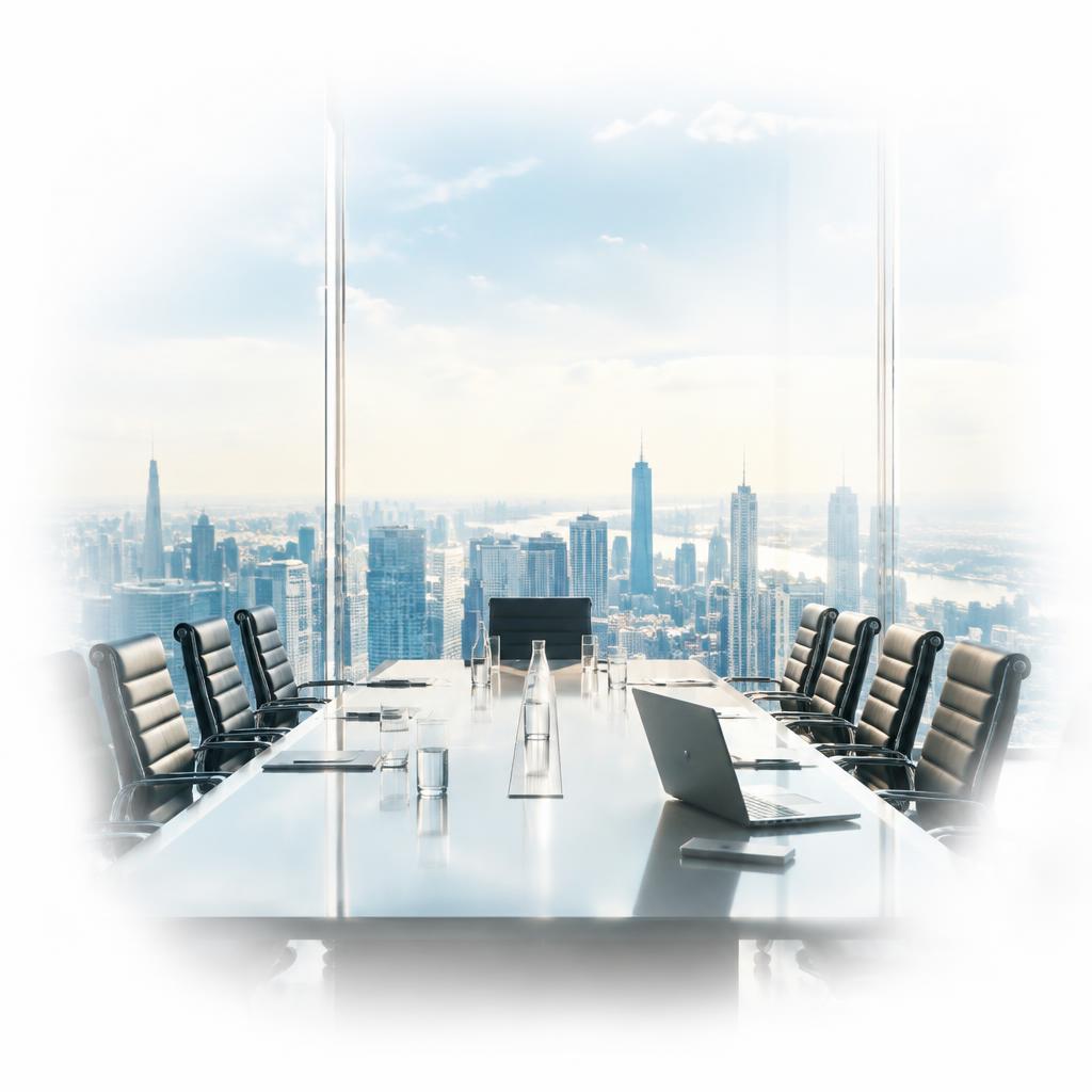A glass boardroom above a city skyline.