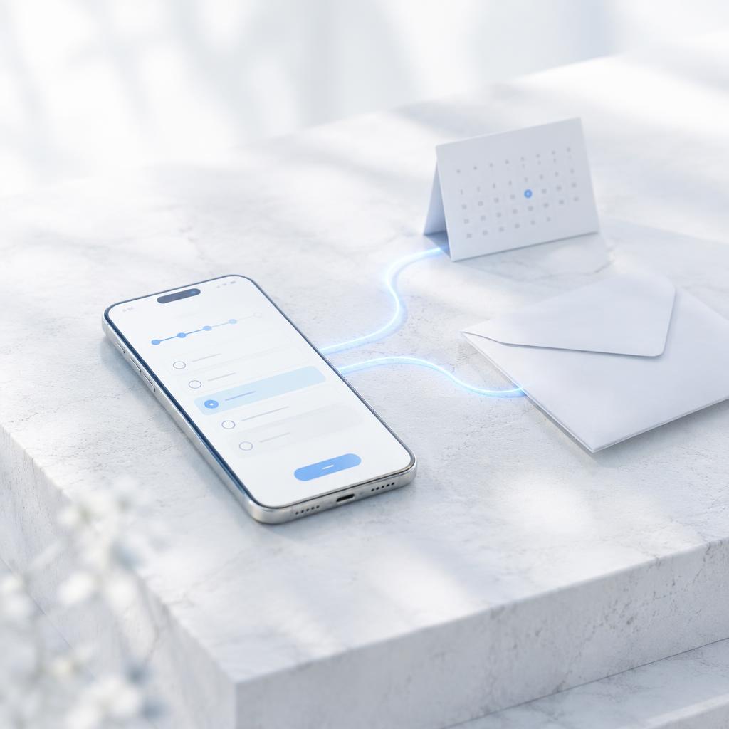 A smartphone showing a multi-step journey, connected by light to a calendar and an envelope.
